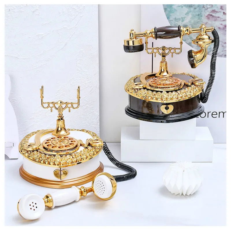 Antique Retro Phone Music Box Nordic Style Vintage Telephone Music Box Creative Dial Telephone Ornaments Home Craft