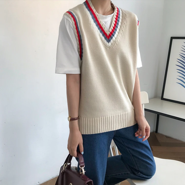 Женский вязаный свитер осень 2019 корейский стиль преппи полосатый v образный