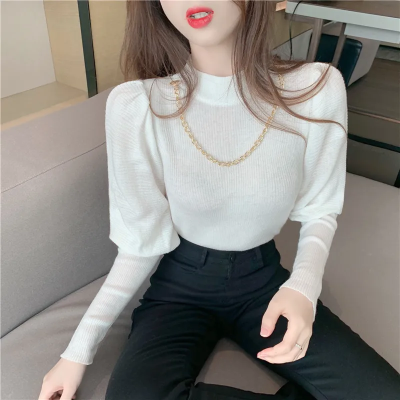 Свитер в стиле ретро с пышными рукавами новинка 2020 Женская Удлиненная водолазка