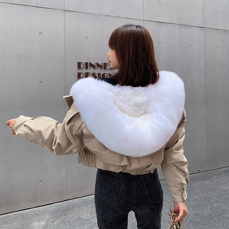 Женская короткая парка с большим воротником из натурального Лисьего меха зимняя