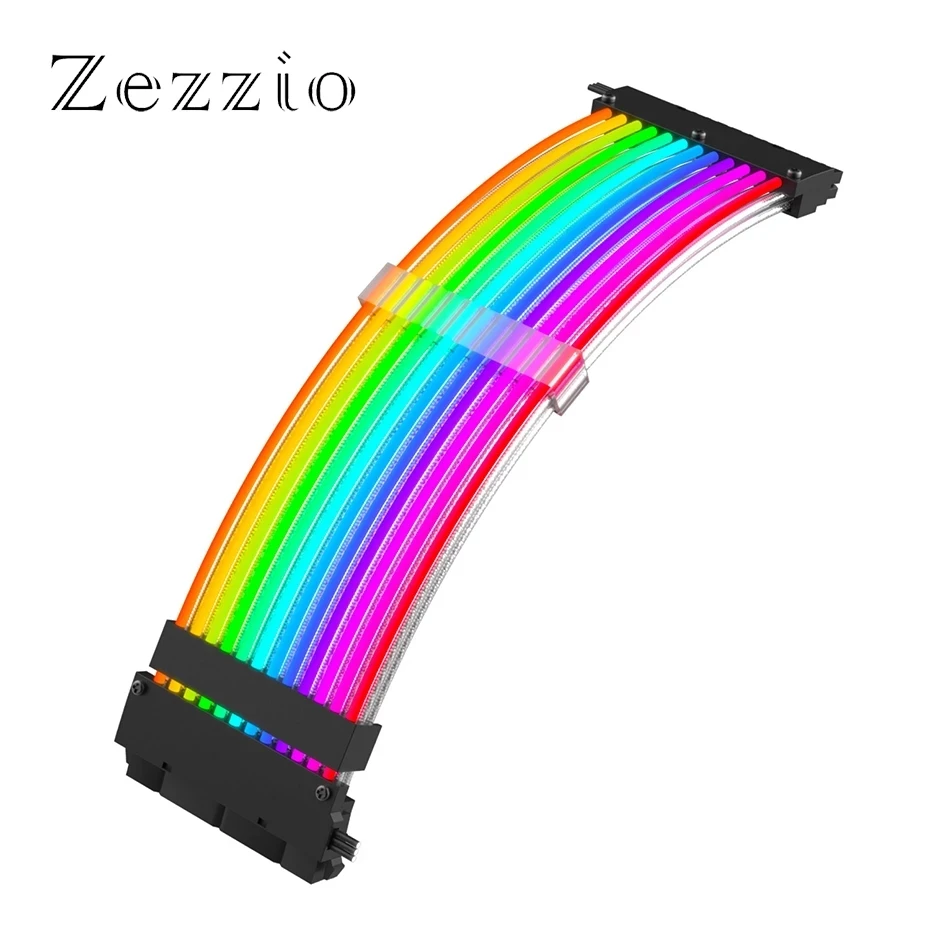 Zezzio Power Supply Sleeved Cable 24Pin ATX RGB 5V 3PIN Addressable AURA sync 18AWG Gauge PSU Extension Cable