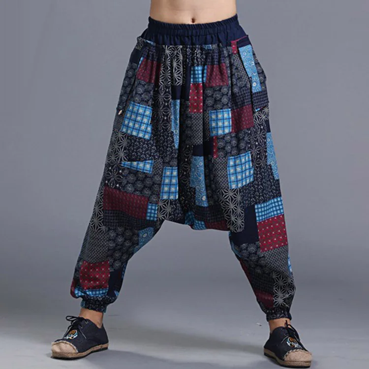 

Chinese Men Onesize Print Flower Pants Wide Leg Cotton Linen Trousers Japanese Casual Loose Harajuku Harem pants Autumn&Winter