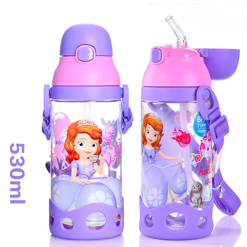 Purple Sofiya-530ml Дисней 500 мл 600 мл прямая Питьевая принцесса Винни автомобили пластмассы Тур бутылка для воды дети с веревкой - Цвет: Purple Sofiya-530ml