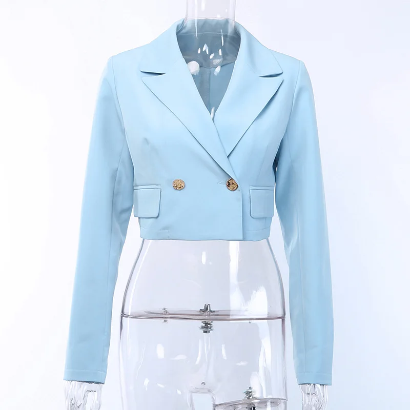 

Streetwear Short Crop Blazer Coat Autumn V-Neck Cropped Blazer Fashion Women Elegant Clothes's Blue Workwear Outerwear Female