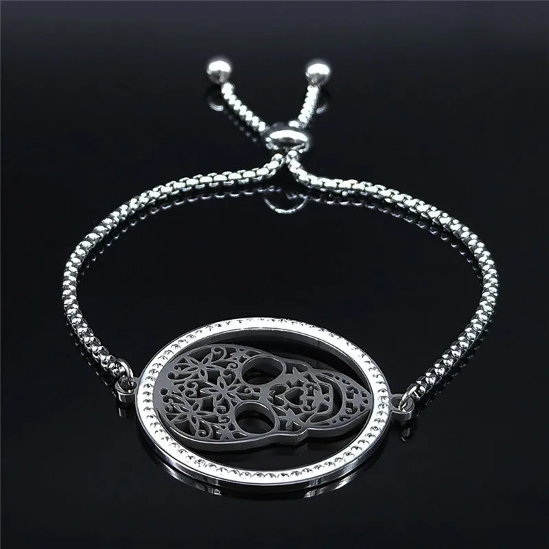 Женский браслет из нержавеющей стали с черепом и кристаллами серебристые