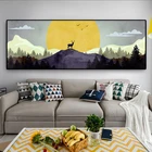 Декоративная картина в нордическом минималистском стиле, с изображением лесного оленя, пейзажа, абстрактных звезд, точек, Длинная горизонтальная картина