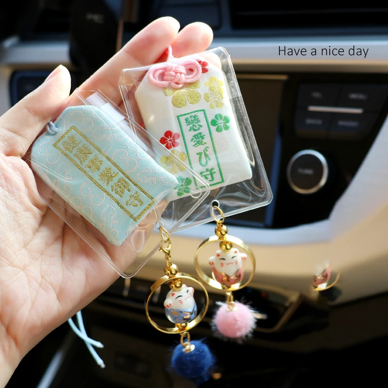 New Japanese Lucky Cat Omamori Keychain Maneki Neko Car Rearview Mirror Health Safe Wealth Decoration Pompom Pendant Luck Gift