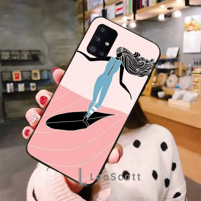 

surfboard surfing art surf Girl Printing Drawing Phone Case For Samsung A50 A51 A71 A20E A20S S10 S20 S21 S30 Plus ultra 5G M11