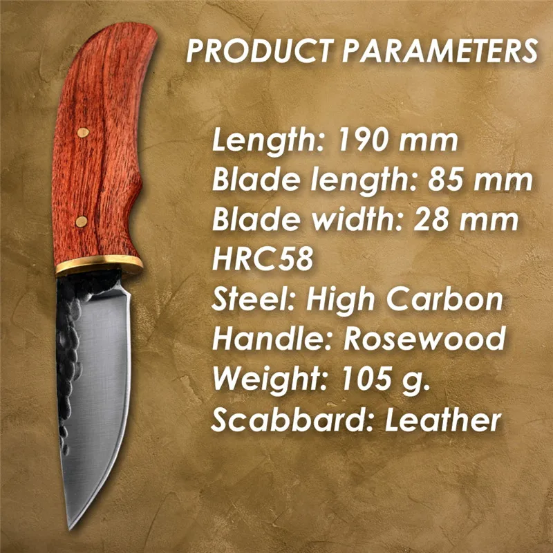 Охотничий нож ручной ковки с фиксированным лезвием из высокоуглеродистой стали