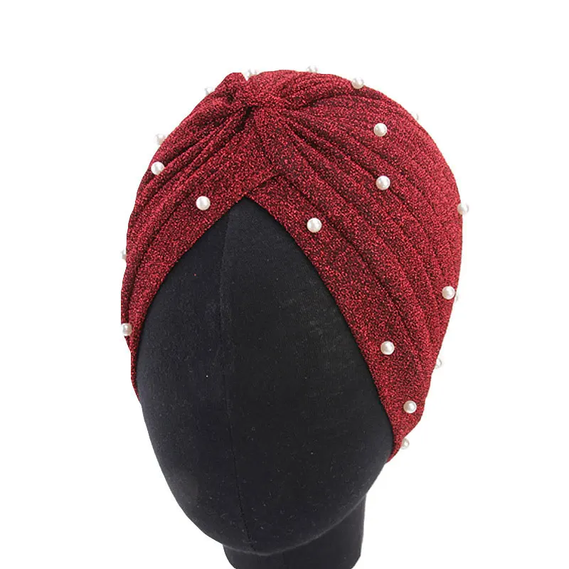 

Women Turban Hat Muslim Hijab Glitter Fashion Gold Shiny Pearls Beaded Head Wrap Indian Cap Soft Solid Color Chemo Cap Hot Sale