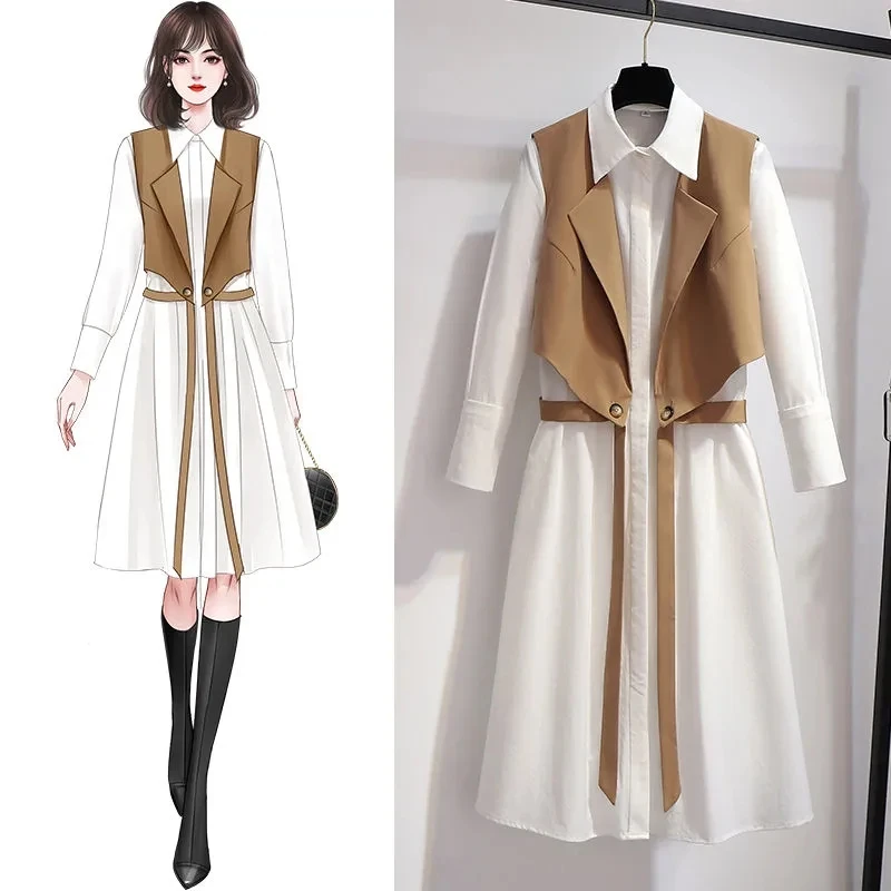 

Dress suit female loose size 2021 spring and autumn new fashion suit tie ribbon waistcoat mid-length shirt dress two-piece suit
