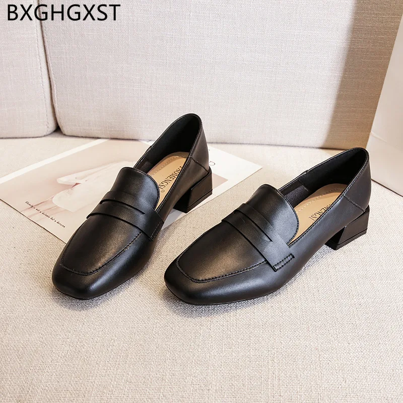 

Pumps Leather Oxford Shoes Women Classic Loafers Women Shoes Casual Square Toe Heels Black Office Shoes for Women 2022 Low Heels