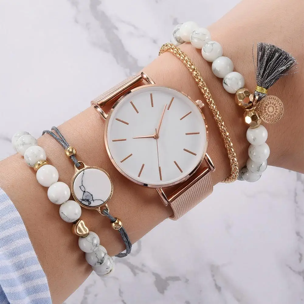 

New Women Watch 5-piece set Bracelet Japan Quartz Movement Simple Rose Gold Stainless Steel Mesh Ladies watch relogio feminino