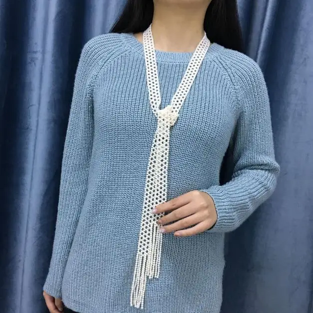 

YKNRBPH Women's Weddings Luxurious Pearl Necklace Scarf White Rice knitting Pearl Necklace