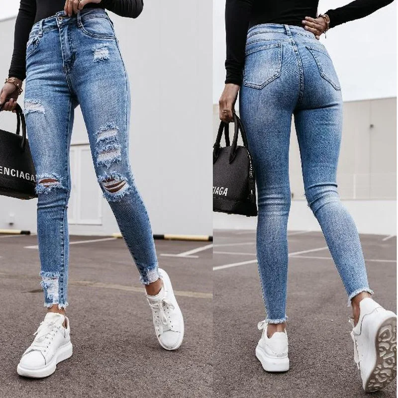 

Casual High Waist Ripped Hole Jeans Women Elegant Solid Denim Pencil Pants Ladies Spring Skinny Trousers Fashion Streetwear 2021