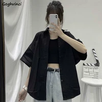 blouses shirts women solid single breasted turn down collar harajuku simple casual loose all match retro chic korean female tops