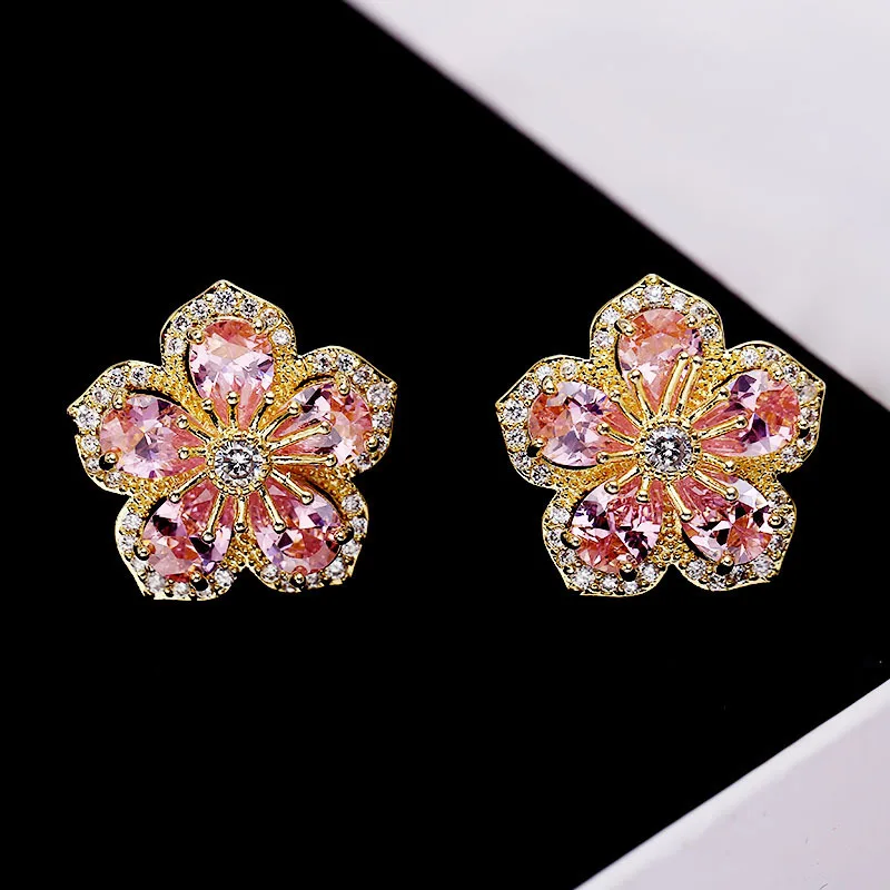 Женские турмалиновые серьги гвоздики с цветком из натурального серебра 925 пробы