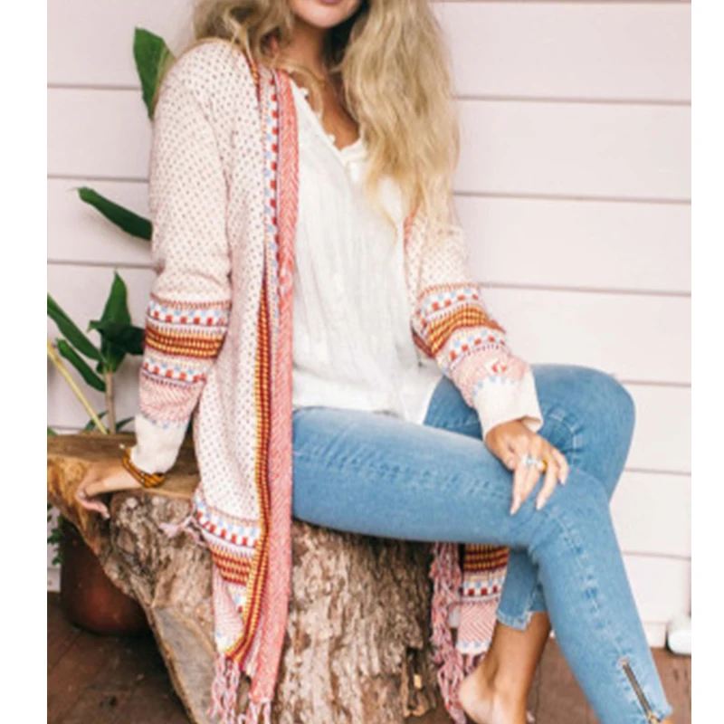 Женский винтажный кардиган средней длины трикотажное пальто в богемном стиле с