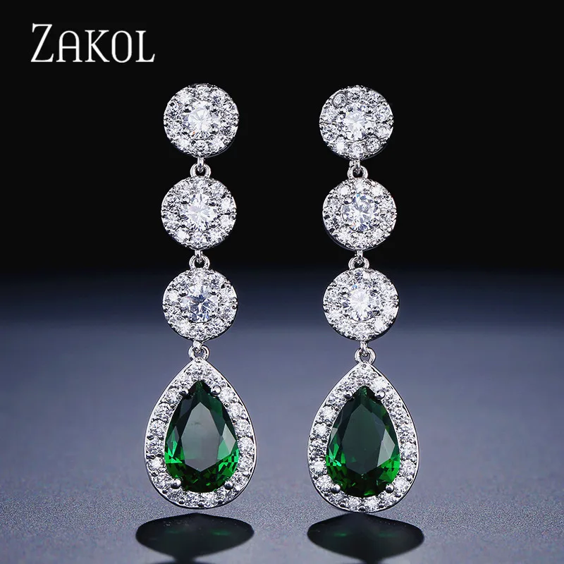Green Обручальные ювелирные изделия ZAKOL, роскошные серьги в форме капли воды, белые серьги с кубическим цирконием для женщин, обручальные серьги FSEP624 - Окраска металла: Green