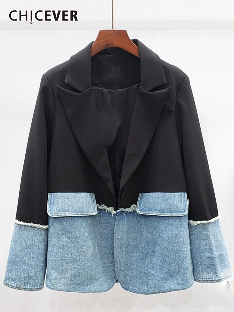 

CHICEVER Korean Fashion Two Tone Loose Female Blazer Notched Long Sleeve Irregular Patchwork Denim Autumn Coat Female 2021 Style