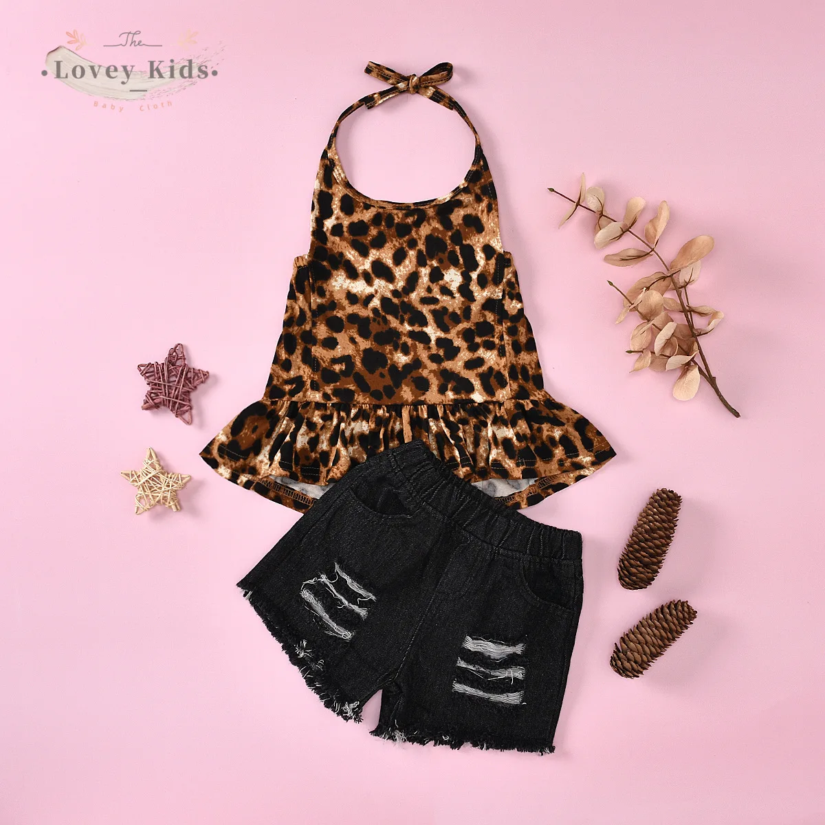 

2020 Toddler Kid Baby Girl Clothes 1-6Y Leopard Halter Crop Top Ruffle Denim Jeans Shorts 2Pcs Set Outfit Children Costume