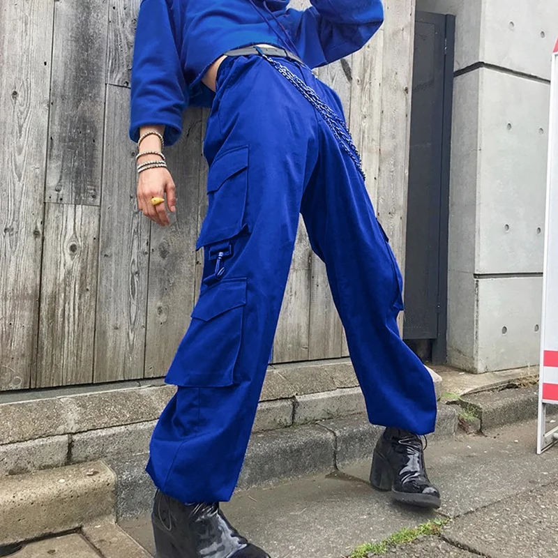 

Retro High Waist Big Pocket Overalls Loose Cargo Pants Women'S Hip-Hop High Street Trousers