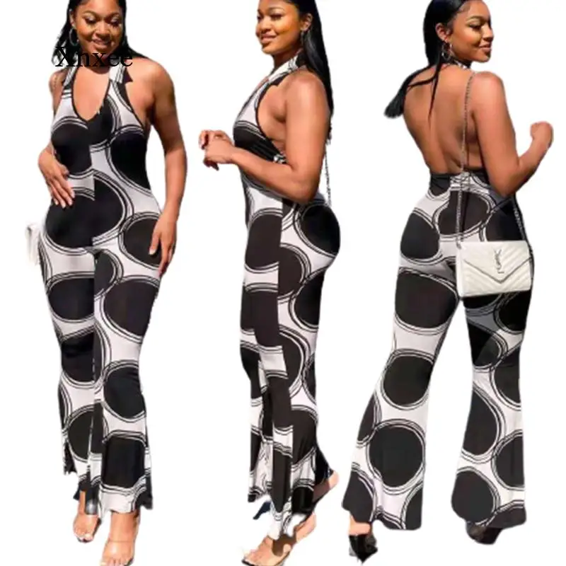 Женский расклешенный комбинезон без бретелек с открытой спиной и V-образным