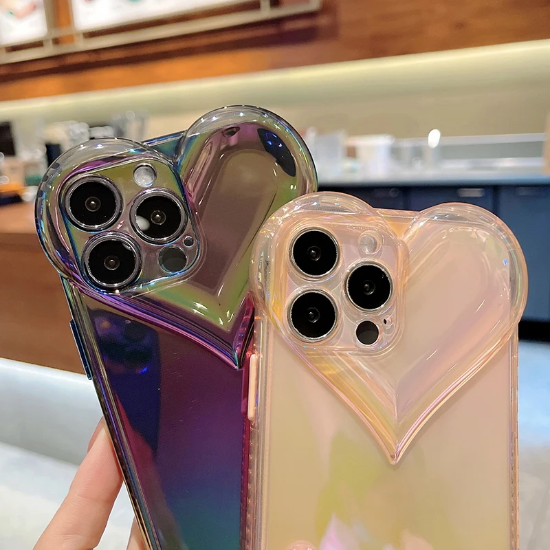 Яркий чехол для телефона INS Style Laser Love Heart iPhone 13 Pro Max 11 12 XR XS 7 8 Plus X корейские мягкие