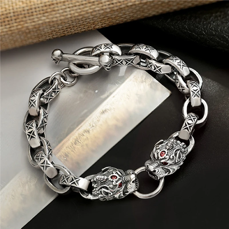 

New Solid Double Brave Bracelet Men's Silver Lucky Carry Retro Trendy Men's Domineering Single Personality Transfer
