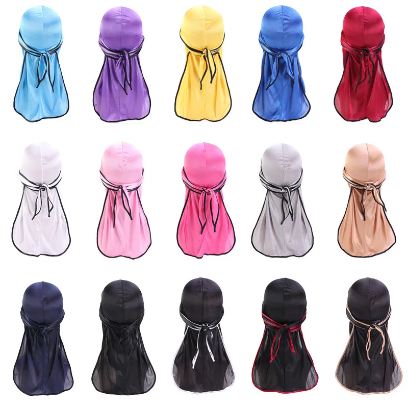 

New Silk Long Tail Scarf Cap Men's Satin Durags Bandanna Turban Wigs Men Silky Durag Headwear Pirate Hat Hair Accessories