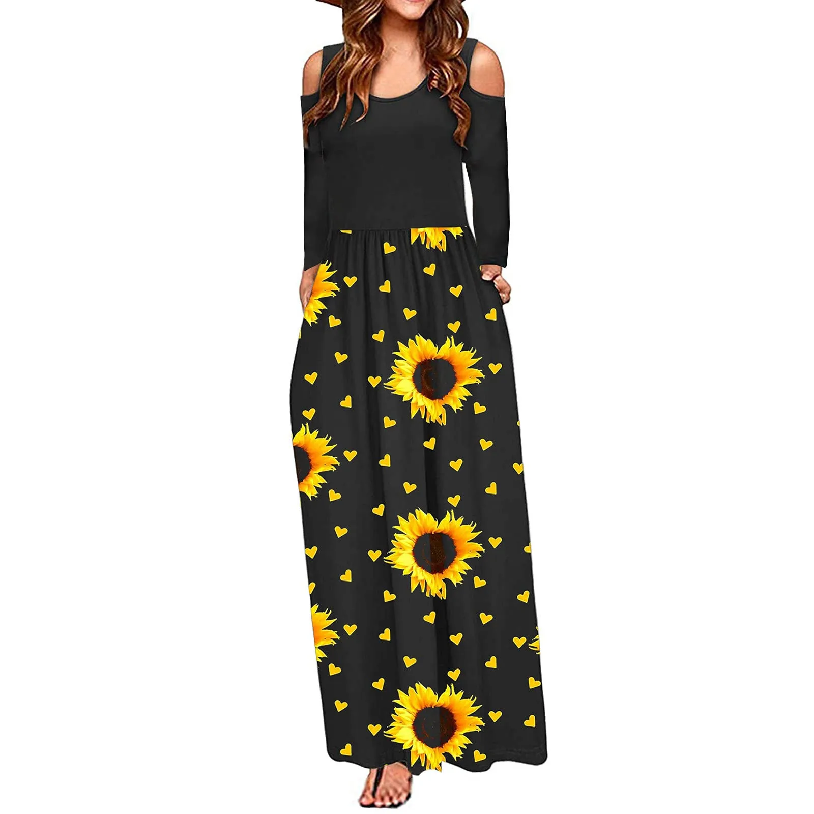 

Cold Shoulder Maxi Dresses For Women Floral Print Elegant Casual O-neck Plus Size Pocket Long Dress Vestidos Mujer Robe Longue