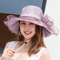 ladies summer new style organza large brimmed sun hat foldable sunscreen beach sun hat flower mesh top hat