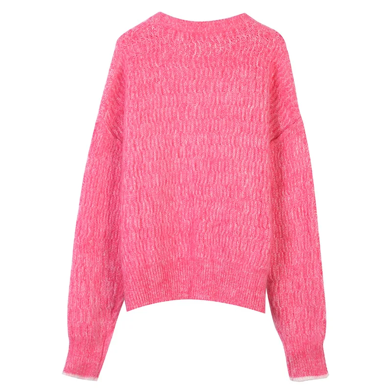 

Fannic 2020 Autumn and Winter Long Sleeves Round Neck Thick Loose Pink Knitted Pullover Sweater Women