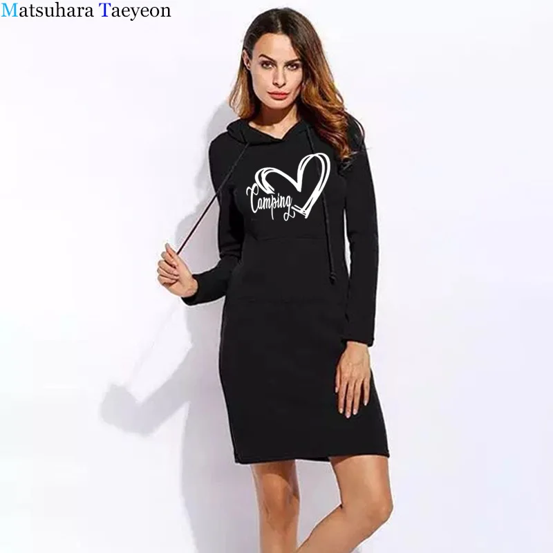

Love Camping Heart print Woman Sweatshirt Dress Hoodies Autumn Sports Casual Long Sleeve Dresses Women Casual Hooded Sweatshirt