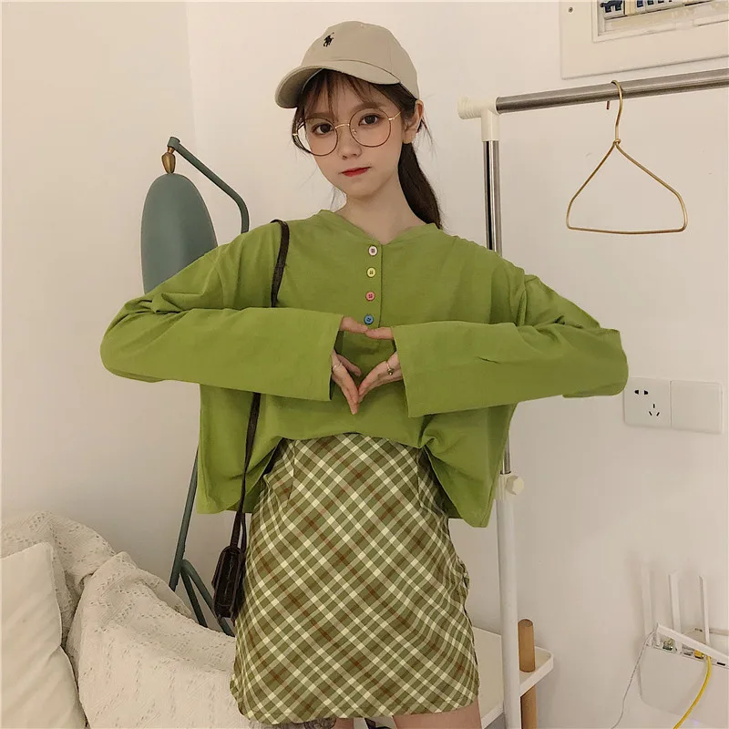 

Women's Shirts Spring Autumn Long-sleeved New Retro O-neck Solid Button Loose Long-sleeved Bottoming Shirts Female Tops PL029