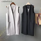 Жилет Lugentolo Женский Повседневный, простой приталенный однотонный черный жилет средней длины с V-образным вырезом, без рукавов, с карманами, пальто, на осень