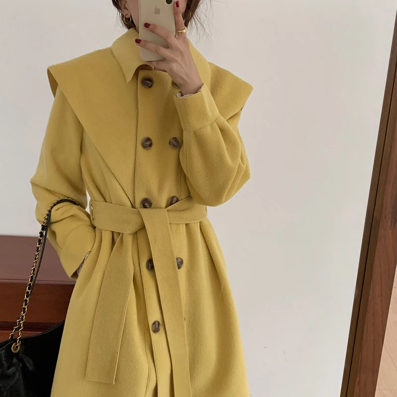 

SHENGPALAE 2021 Winter Women's Overcoat Turn-down Collar Long-sleeved Double Breasted Solid Color Woolen Coat With Belt 8D951