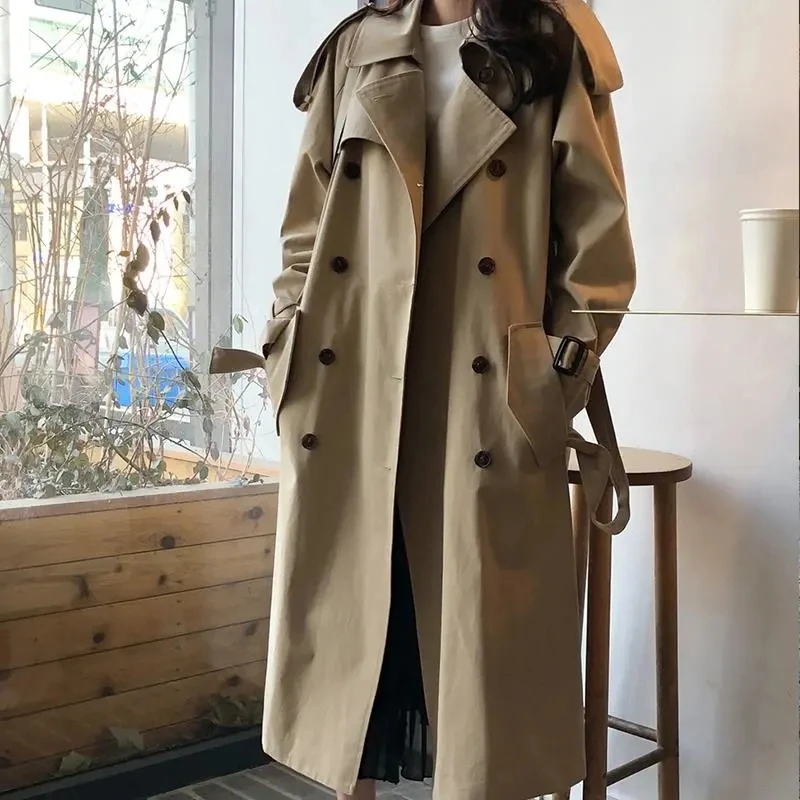 

Autumn Winter Women Turn-down Collar Double Breasted Trench Office Lady Casual Solid Khaki Belt Elegant Loose Lady Long Trenchs