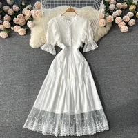 2022 summer new embroidery lace long shirt dress vintage casual cotton linen ruffle vestidos women puff sleeve sundress kaftan