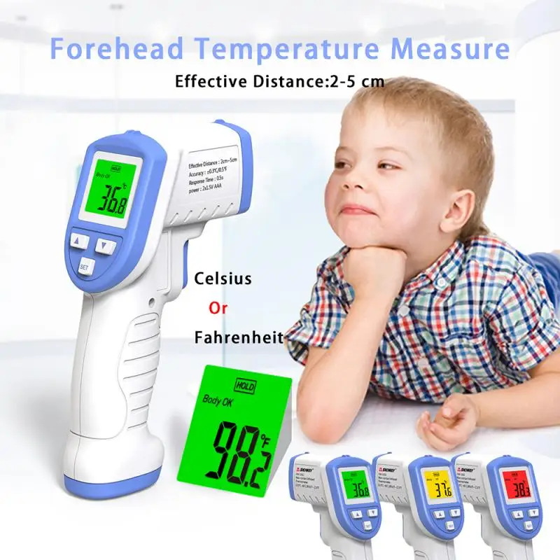 Инфракрасный термометр LCD трехцветный Фон цифровой дисплей Бесконтактный + 2