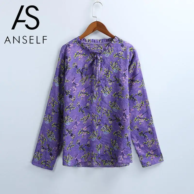 

2019 в винтажном стиле; Сезон осень платье-туника для женщин хлопковая блуза Цветочный принт с v-образным вырезом рубашка с длинными рукавами ...