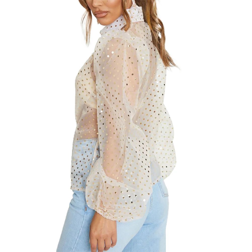 Модные женские сетчатые топы с оборками и пышными рукавами повседневные блузки в