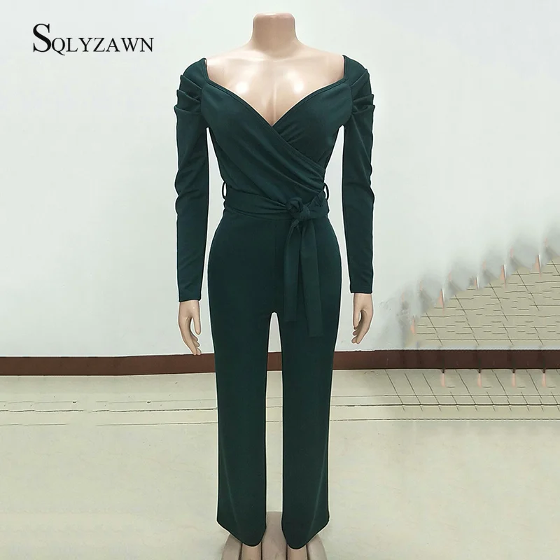 Женский винтажный комбинезон с поясом элегантный Облегающий V образным вырезом