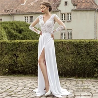 beach bohemian wedding dresses v neck long sleeves lace appliques dream bridal gowns a line princess gowns plus size