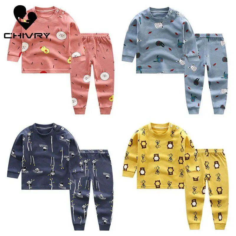 

2020 New Kids Boys Cotton Pajama Sets Cartoon Print O-Neck Cute T-Shirt Tops with Pants Baby Girls Children Autumn Clothes Sets