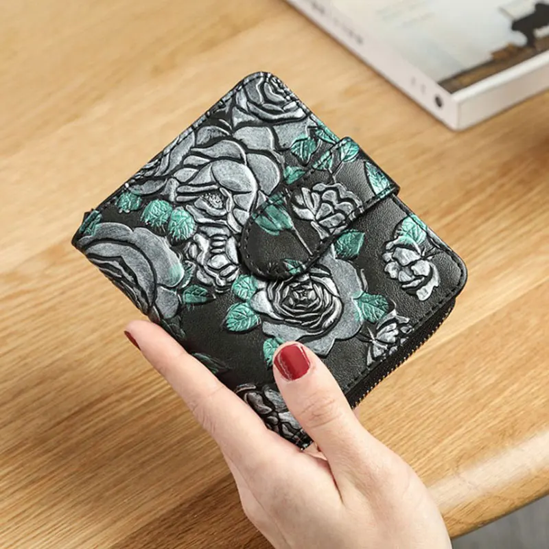 Silver rose Двухслойный женский кошелек из натуральной кожи с животным принтом, мини-кошелек для клатча, винтажный женский кошелек на молнии с карманом для монет, кожаный держатель для ID карты - Цвет: Silver rose
