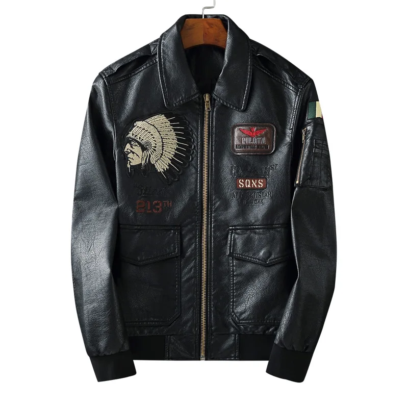 

Indian Embroidery PU 2021 Jacket Men Black High Street Slim Zipper Rib Sleeve Streetwear Motorcycle Flight Faux Leather Coats