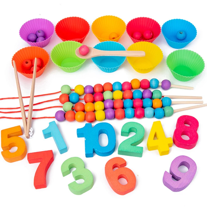Montessori Toys for Toddlers 4 in 1 Wood Rainbow Clip Beads Ball Color & Number Cognition Dice Sorting Puzzle Games Baby Present