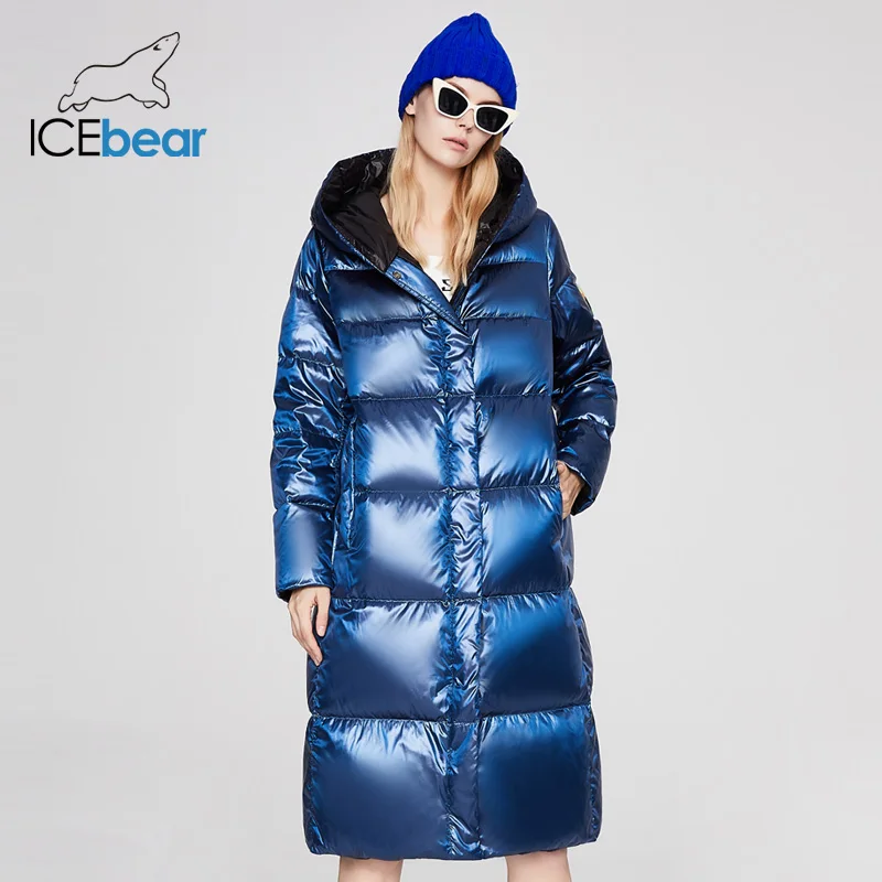 

ICEbear 2021 новинка зимы блестящая белая куртка на утином пуху с капюшоном женская повседневная утолщенная длинная куртка с лазерным принтом Y068