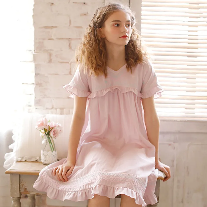 

Girls Simple Short Sleeves Night Dress Summer Cotton Nightgowns Women Sexy Embroidery V-Neck Nightwear Knee-Length Home Dress